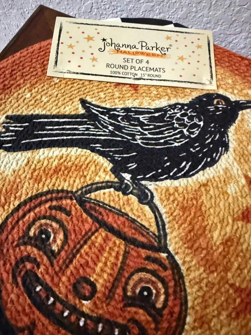 NWT 4 Johanna Parker Halloween Round Placemats Braided Cotton Fall  Pumpkin Crow